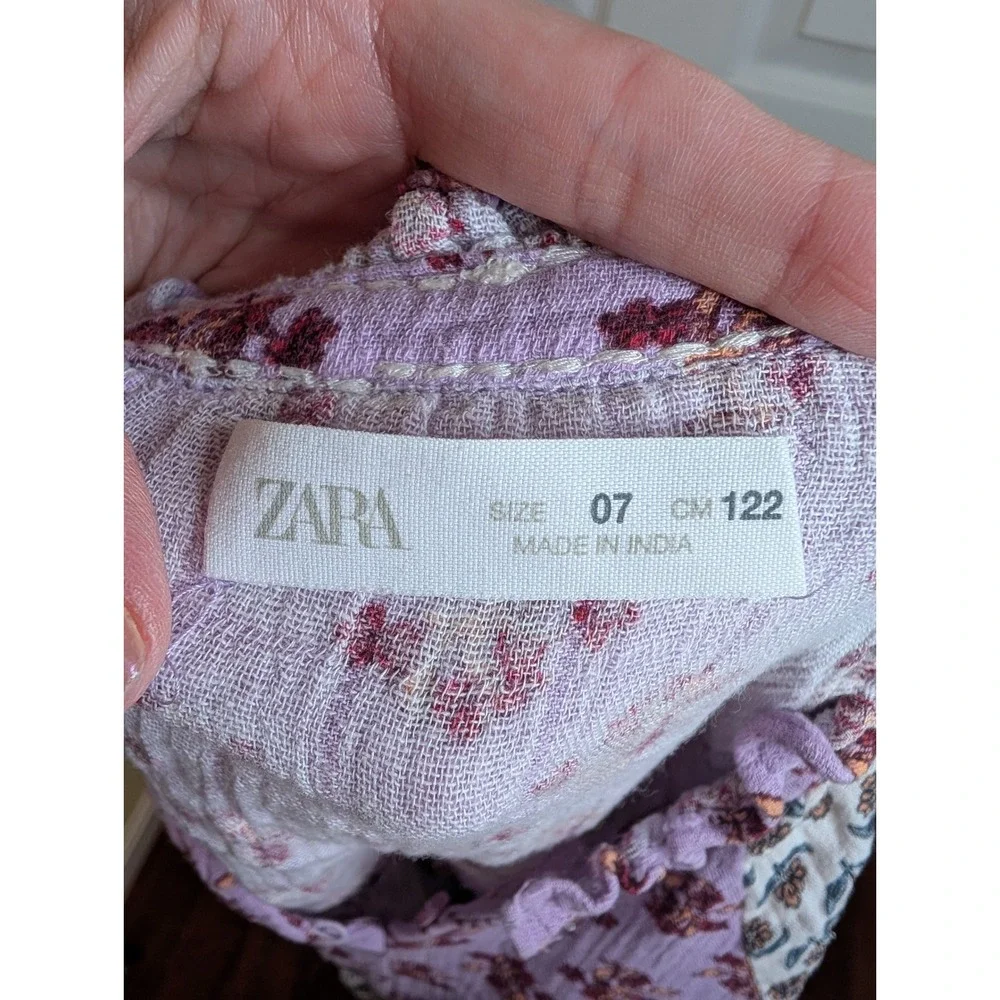 Zara Tiered Dress Kids Size 7 Lilac Floral Block Print Boho Puff Sleeve‎ Gauze